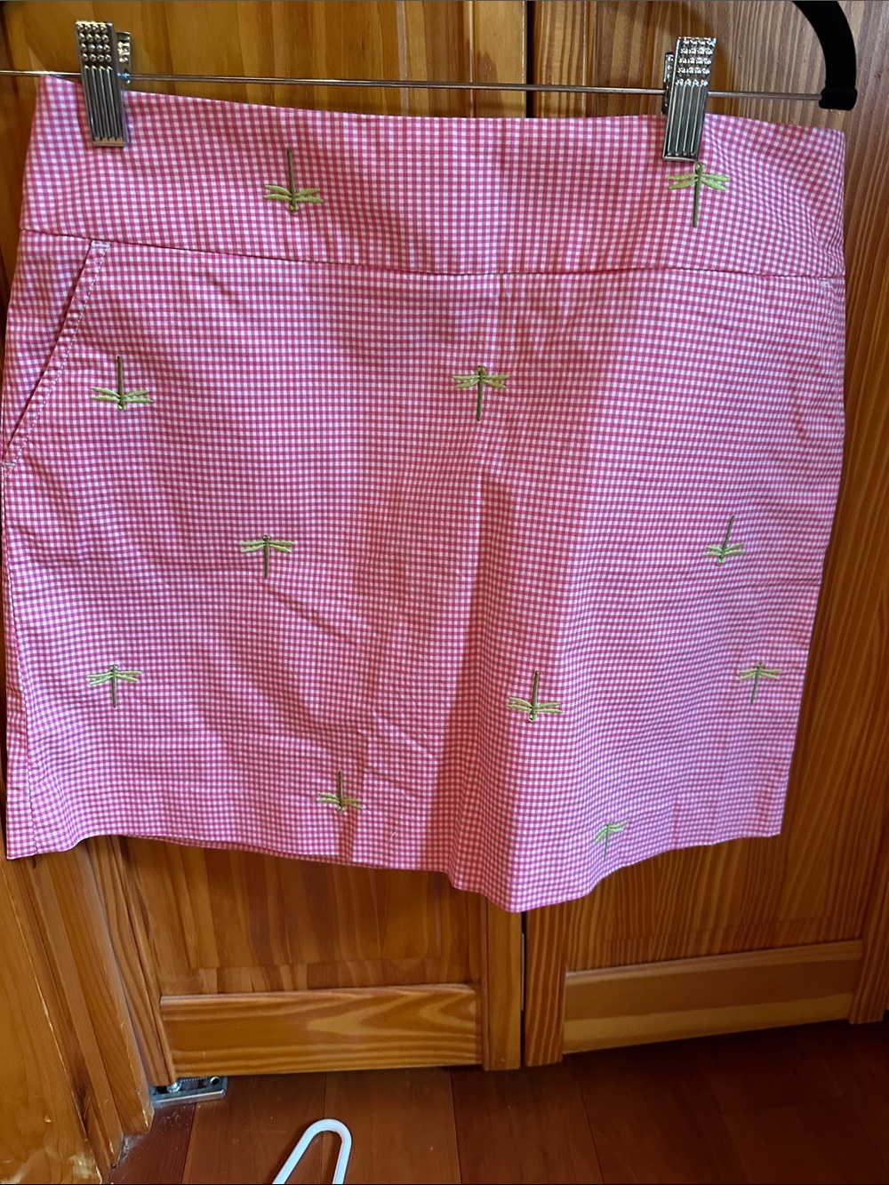 J. Crew Pink Gingham Mini Skirt with Green Dragonfly Embroidery